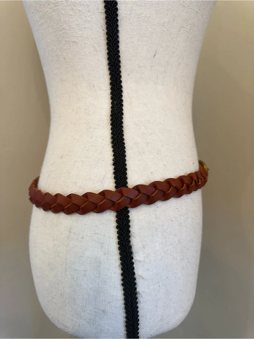 Braided Faux Leather Belt Brown Woven Adjustable Brass Tone Buckle Boho